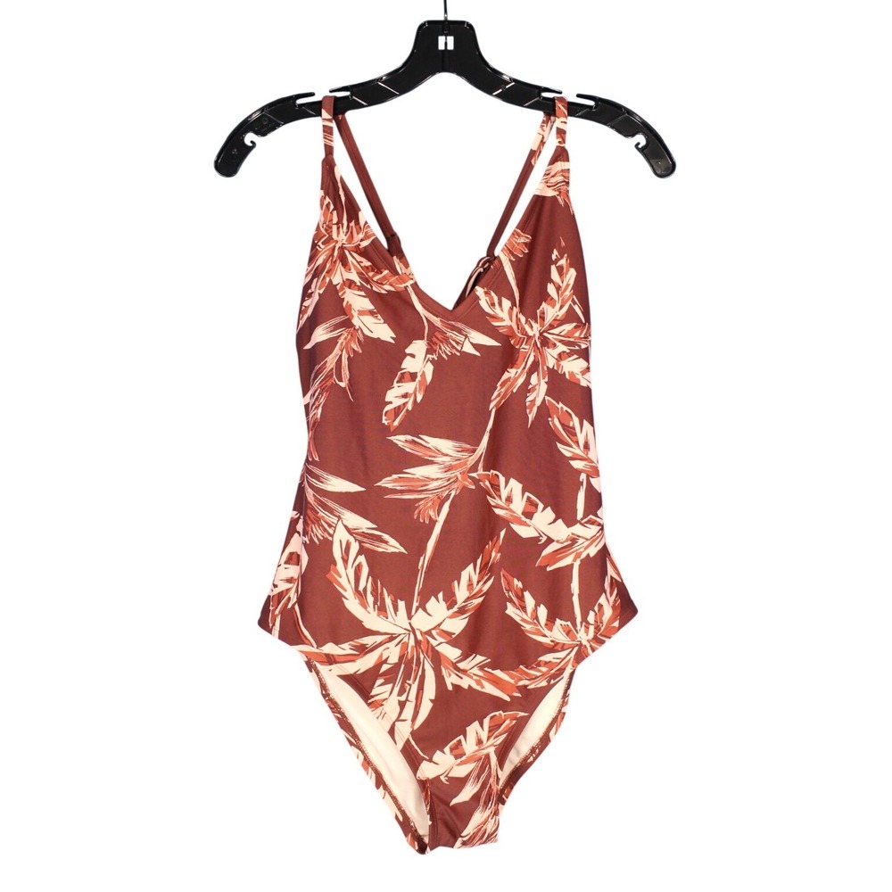 KONA SOL Brown TROPICAL PRINT Tie Crossback 1-PIECE Beach SWIMSUIT Sz M 8-10